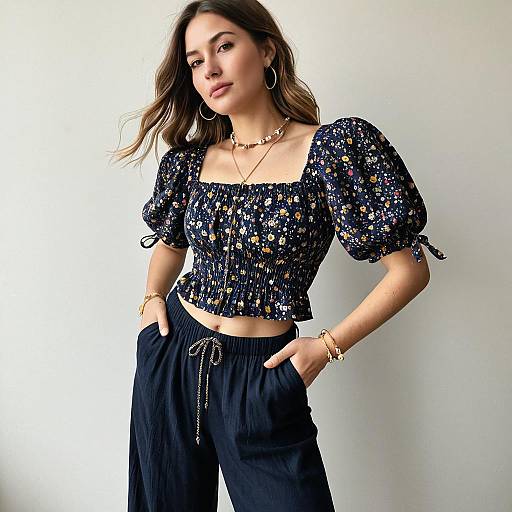 Casual Boho Cropped Floral Blouse in Navy with Small Multicolor Pattern