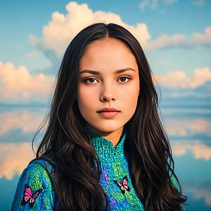 Young Woman in Vibrant Sweater Against Pastel Sky