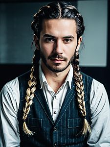 Stylish man with braided hairstyle in vest