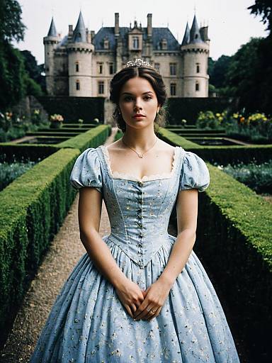 Woman in Belle Dress Photorealistic Outdoor Portrait in Castle Garden