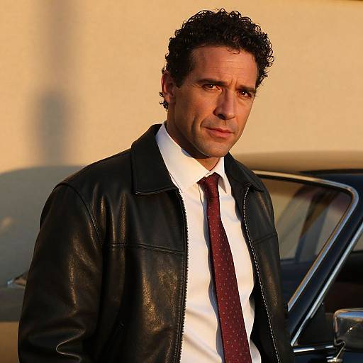 Man in Leather Jacket and Red Tie Standing by Classic Car