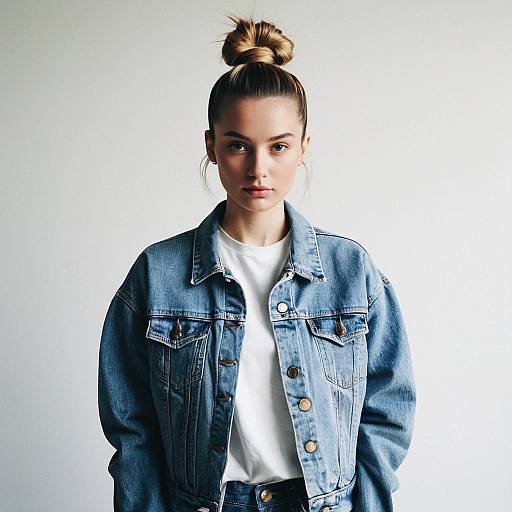 Young Woman in Denim Jacket with High Bun Hairstyle