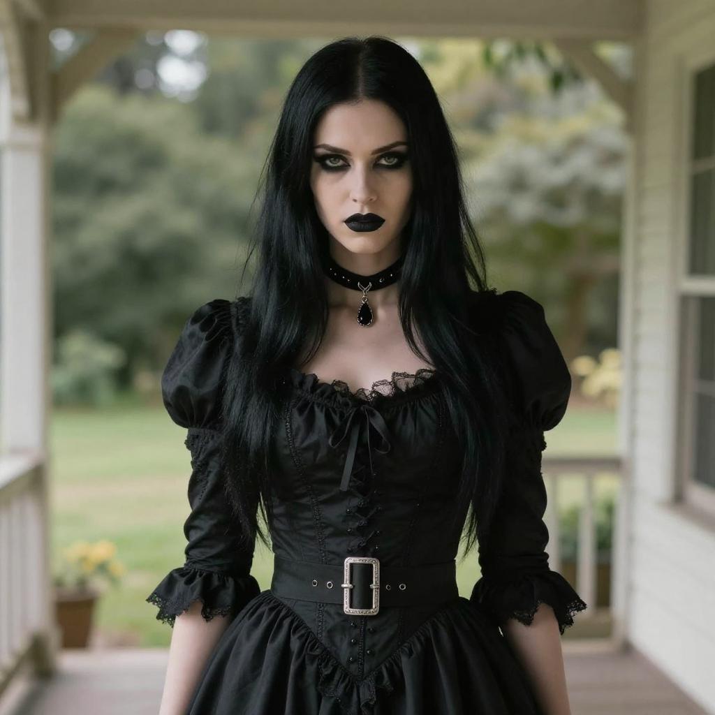 Gothic Victorian Style Woman with Dark Makeup on Porch