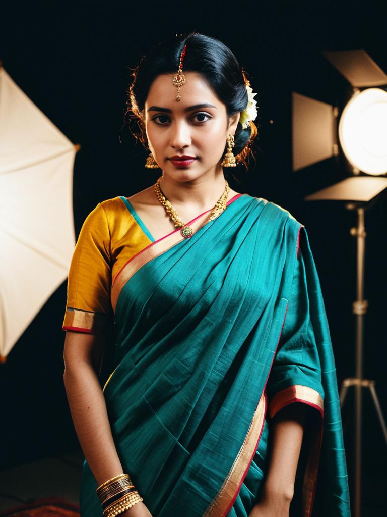 Woman in Retro Saree with Gold Jewelry
