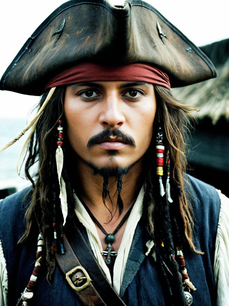 Jack Sparrow Pirate Costume Portrait with Tricorn Hat and Beaded Dreadlocks