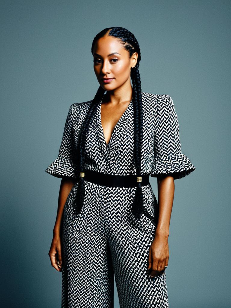 Woman in Tracee Ellis Ross Braided Hairstyle and Black White Patterned Jumpsuit