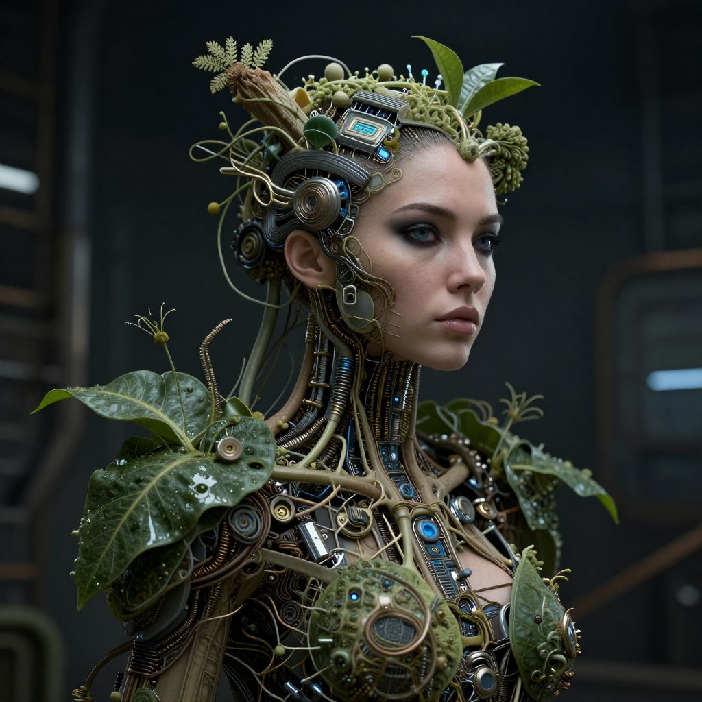 Futuristic Cybernetic Woman with Biomechanical and Botanical Elements