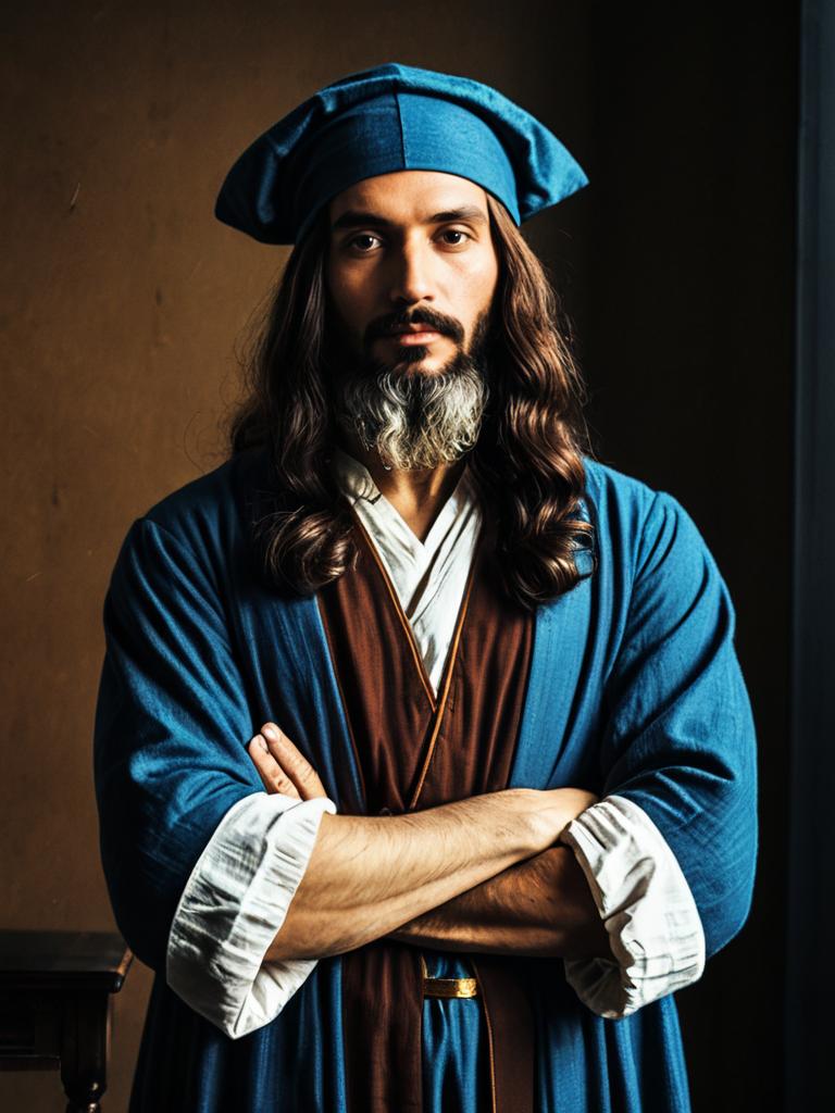 Man Cosplay Wearing Leonardo da Vinci Caster Costume Realistic Photo