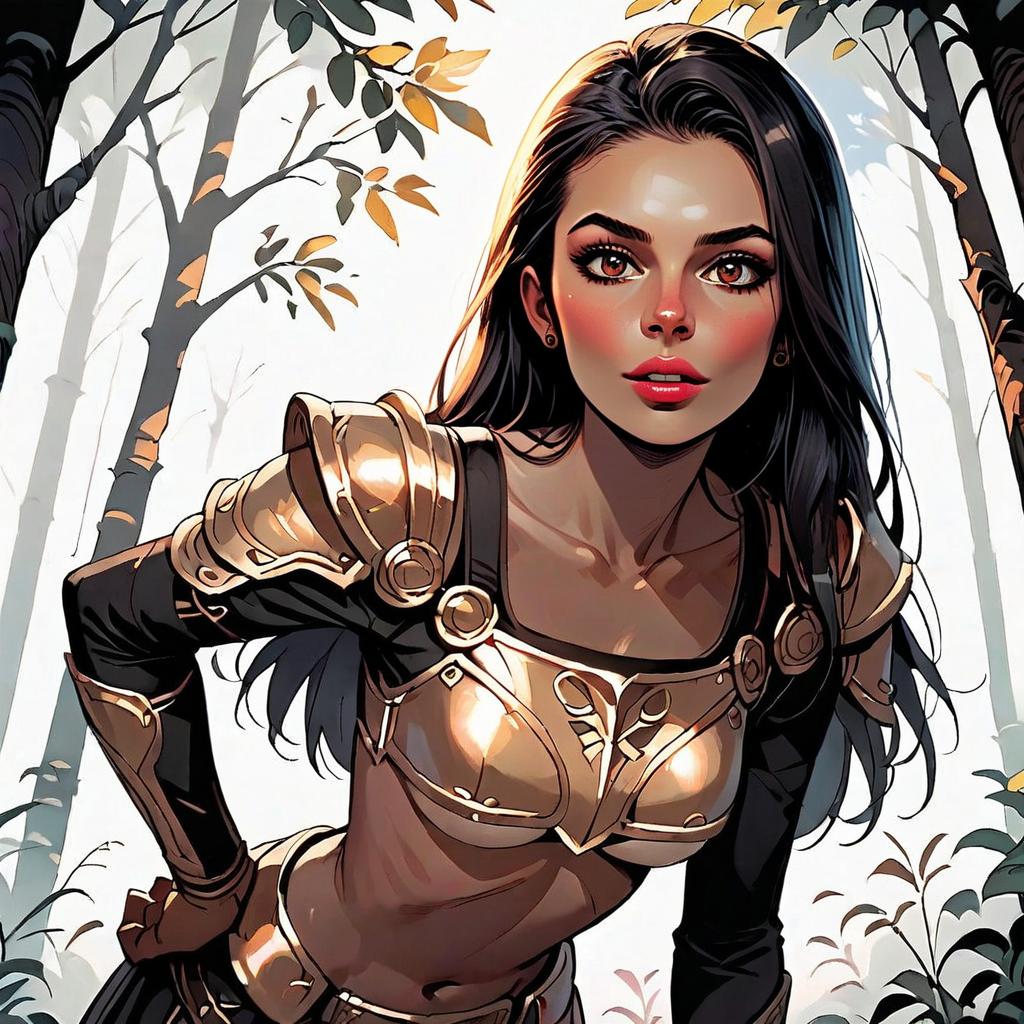 Digital Illustration of Woman Warrior in Golden Armor in Autumn Forest