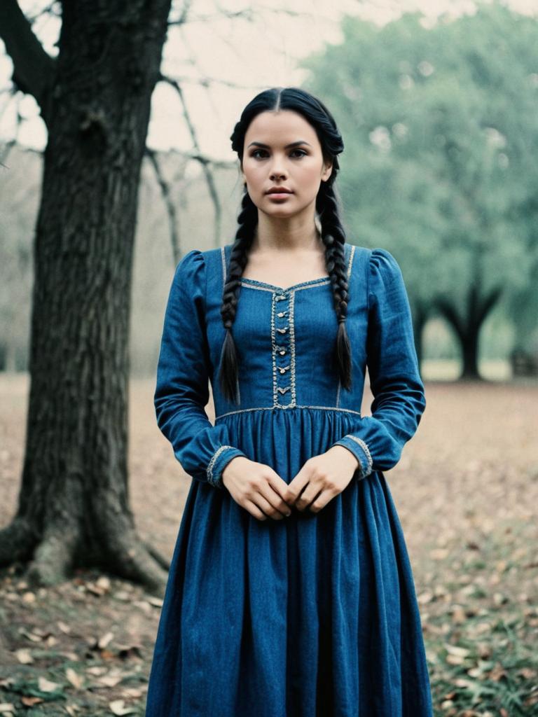 Woman in Vintage Blue Dress with Braided Hair Outdoors