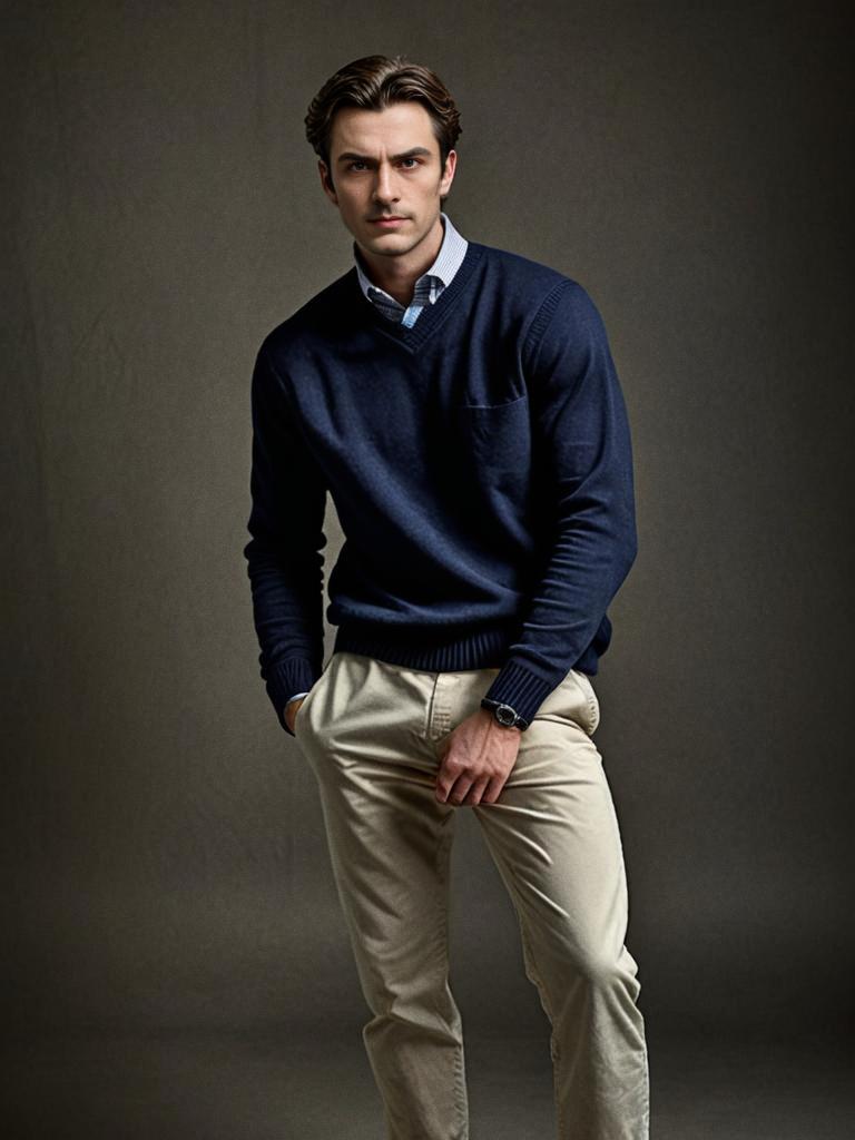 Stylish young man in navy sweater and beige trousers