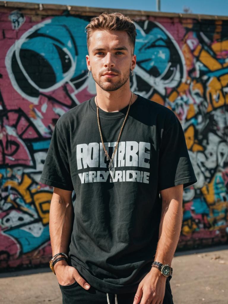 Stylish young man in front of graffiti wall, hip-hop fashion