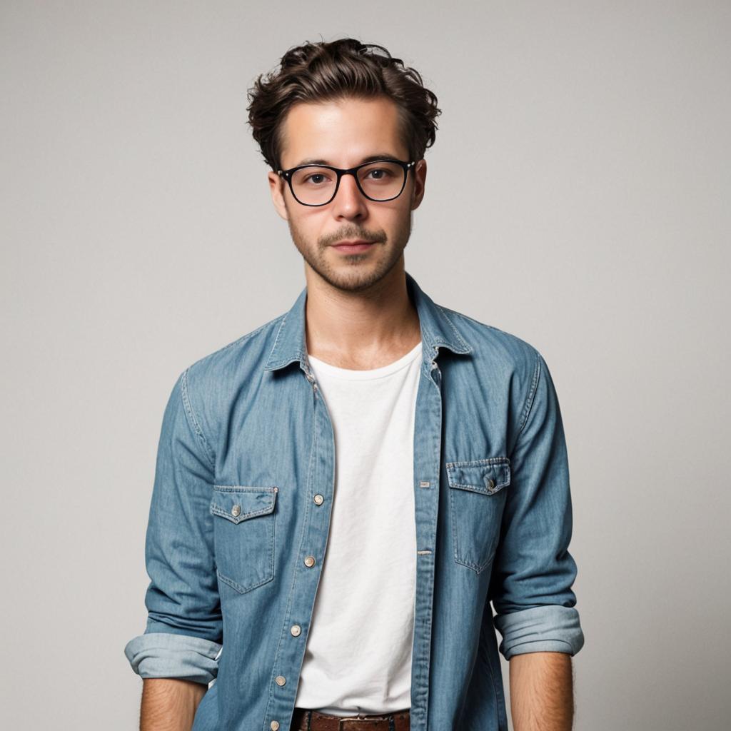 Stylish man in denim attire with glasses