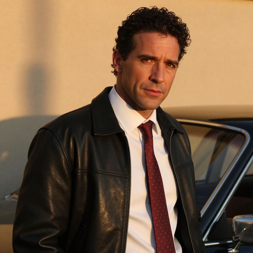 Man in Leather Jacket and Red Tie Standing by Classic Car