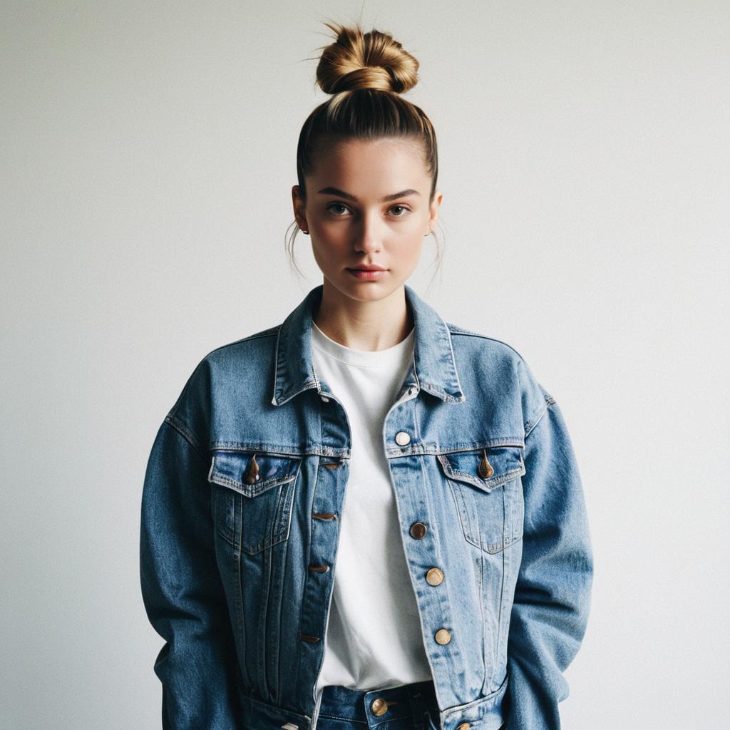 Young Woman in Denim Jacket with High Bun Hairstyle