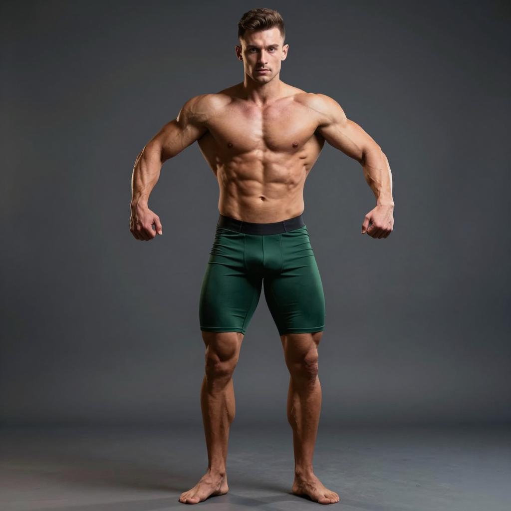 Muscular Man in Green Compression Shorts Bodybuilding Pose Gym Fitness