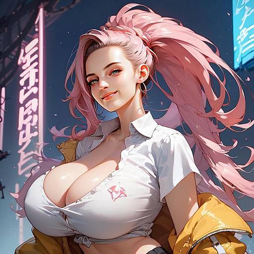 Anime Style Pink-Haired Woman with Neon Urban Background