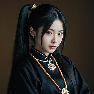 Portrait of Woman in Black Costume with Gold Jewelry and High Ponytail