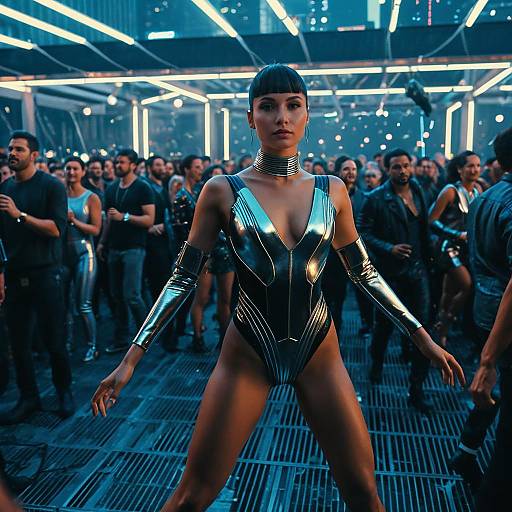 Futuristic Woman in Metallic Bodysuit at Neon Cyberpunk Party