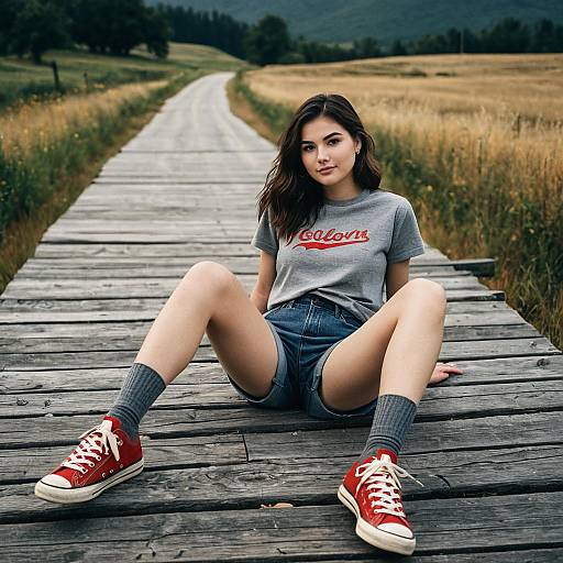 Relaxed Young Woman Sitting on Wooden Boardwalk in Countryside