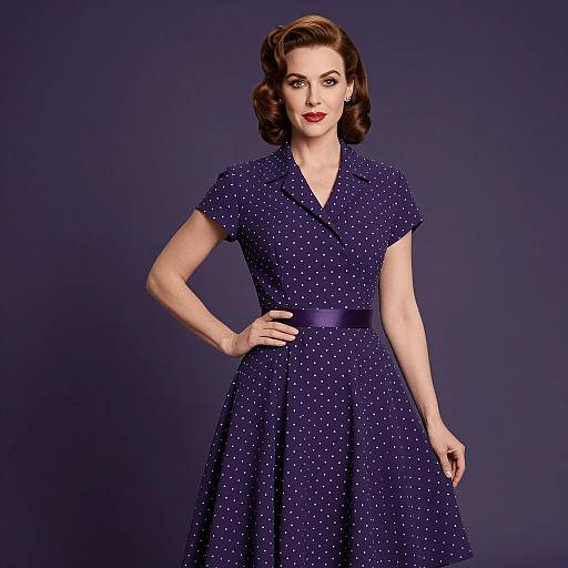 Vintage 1950s Style Woman Wearing Purple Polka Dot Dress