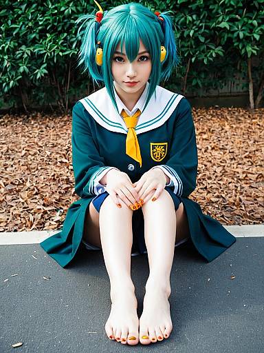 Asanaka Yomogi Cosplay in Sailor School Uniform with Teal Hair Outdoors