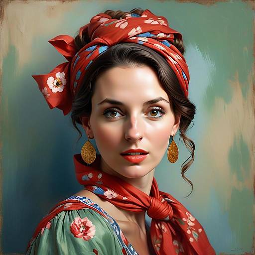 Portrait of Woman Wearing Red Floral Headscarf with Gold Earrings