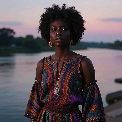 Young Woman in Colorful Bohemian Dress by Riverside at Dusk