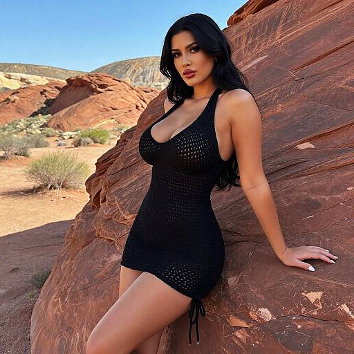 Woman in Black Crochet Dress Posing by Red Desert Rocks