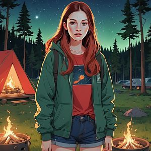 Young Woman at Night Campfire in Forest