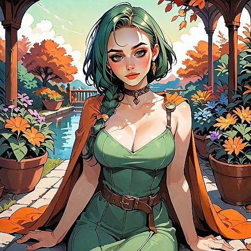 Fantasy Digital Art of Woman in Autumn Garden with Green Hair and Orange Cloak