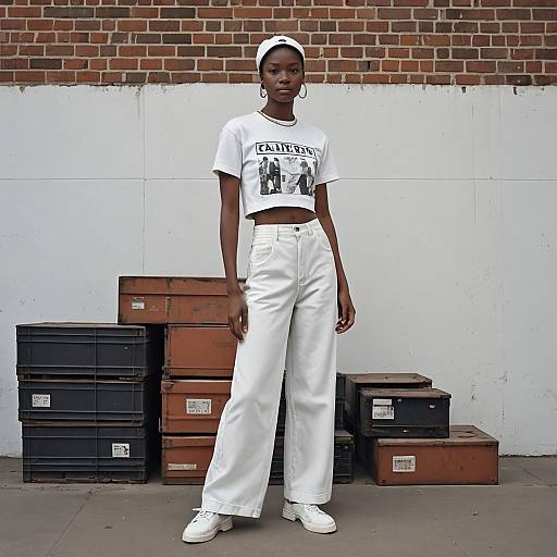 Stylish Woman in White Crop Top and Wide-Leg Pants Casual Urban Fashion
