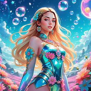 Fantasy Woman in Shimmering Armor with Flowers and Bubbles Digital Art