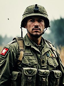 Man in Army Soldier Costume Waist Up Cinematic Editorial Photo