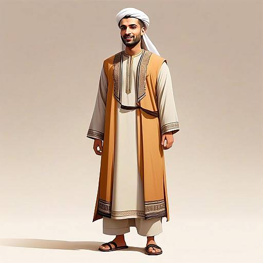 Middle Eastern Man in Traditional Thobe and Bisht with Headscarf
