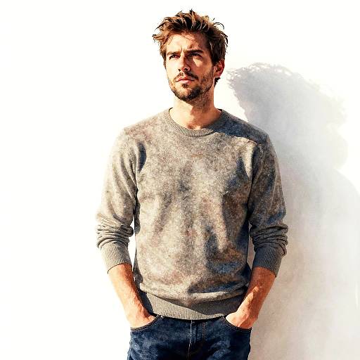 Young Man in Casual Grey Sweater with Shadow on White Wall