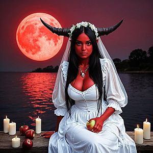 Woman in White Gown by Water Under Red Moon