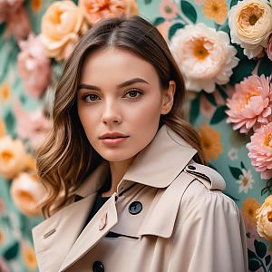 Young Woman in Beige Trench Coat with Floral Background