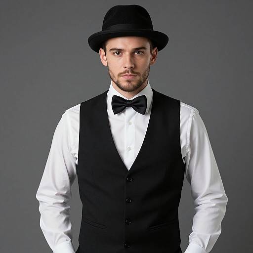 Young Man Wearing Classic Black Vest and Fedora Hat in Formal Style