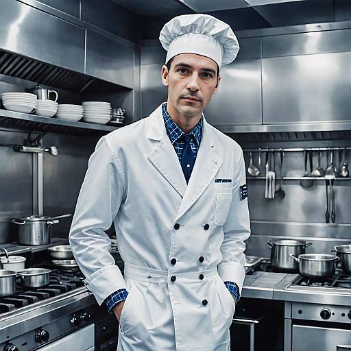 Professional Male Chef in Modern Commercial Kitchen Wearing White Uniform