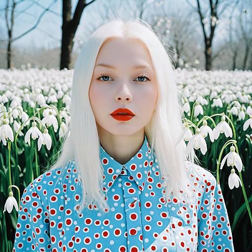 Portrait of Woman with Platinum Blonde Hair in Blue Polka Dot Shirt Among Snowdrop Flowers