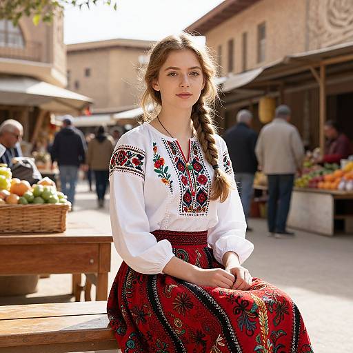 Young Woman in Traditional Eastern European Folk Costume at Outdoor Market