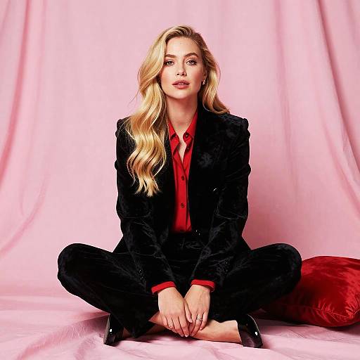 Elegant Woman in Black Velvet Suit and Red Shirt on Pink Background