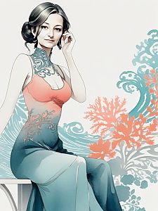 Elegant Woman in Coral and Turquoise Underwater Illustration