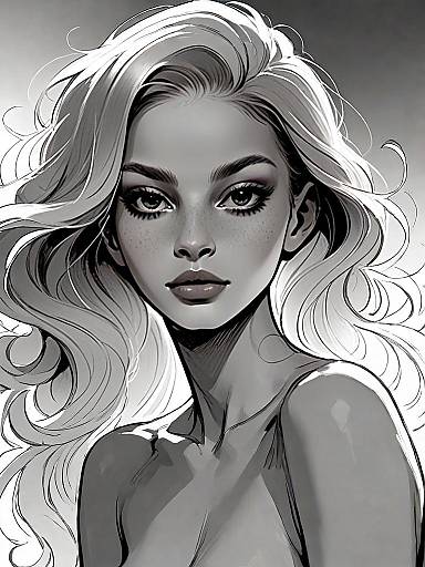 Black and White Digital Portrait of Woman with Flowing Hair