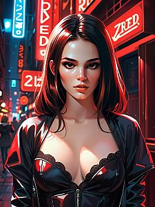 Cyberpunk Woman in Neon City Streets Digital Artwork