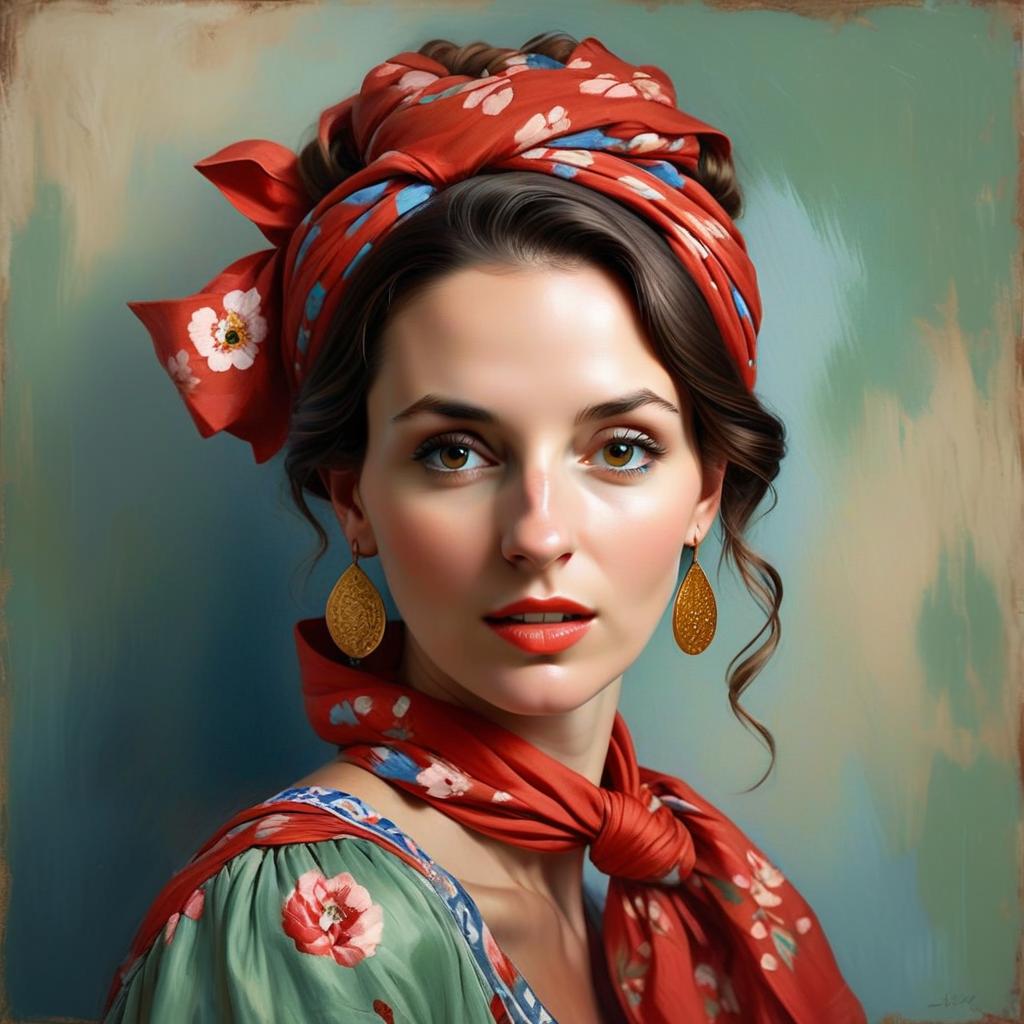 Portrait of Woman Wearing Red Floral Headscarf with Gold Earrings