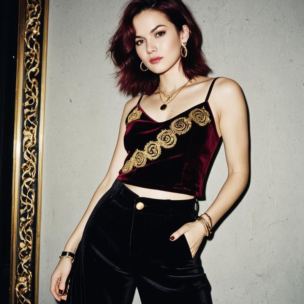 Stylish Woman in Velvet Burgundy Crop Top with Gold Embroidery and Black Velvet Pants