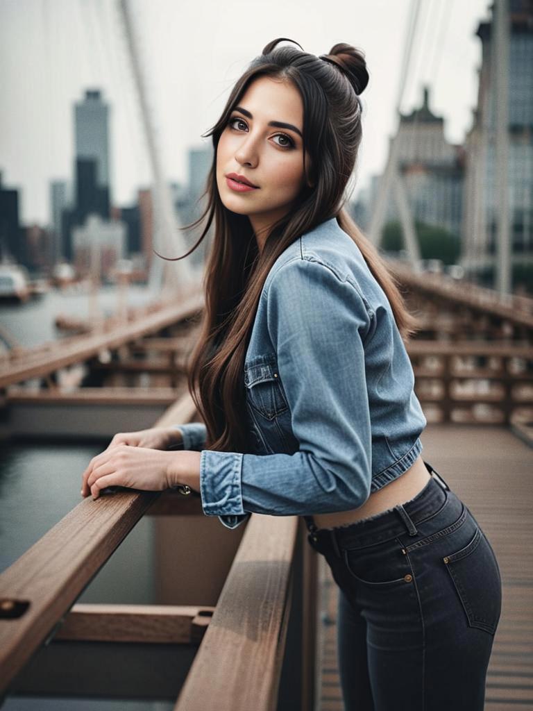 Confident Woman in Denim Jacket on City Bridge