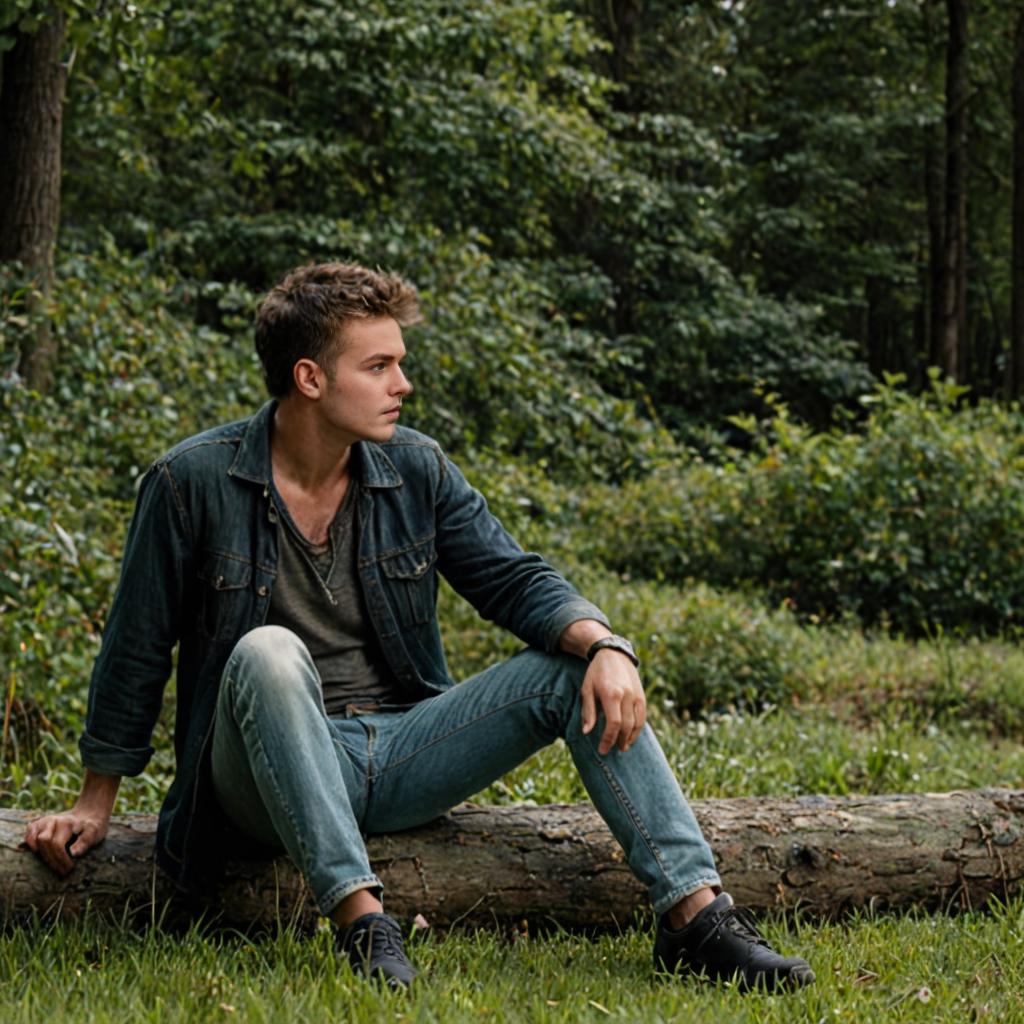 Young Man in Denim Sitting Thoughtfully in Park